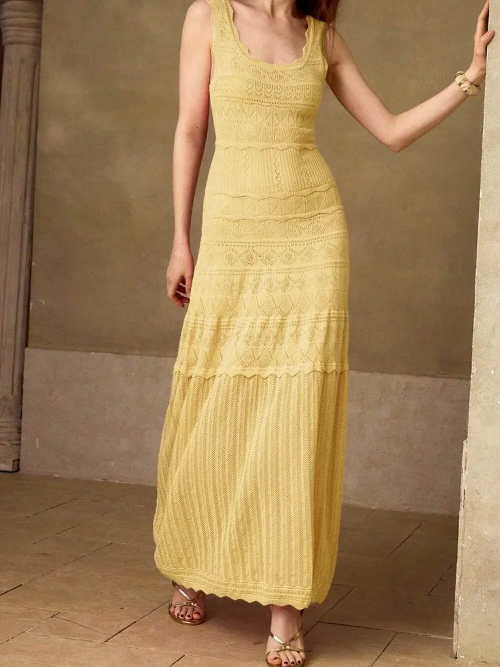 Yellow Elegant Women's Romantic Date Sleeveless Long Knit Dress